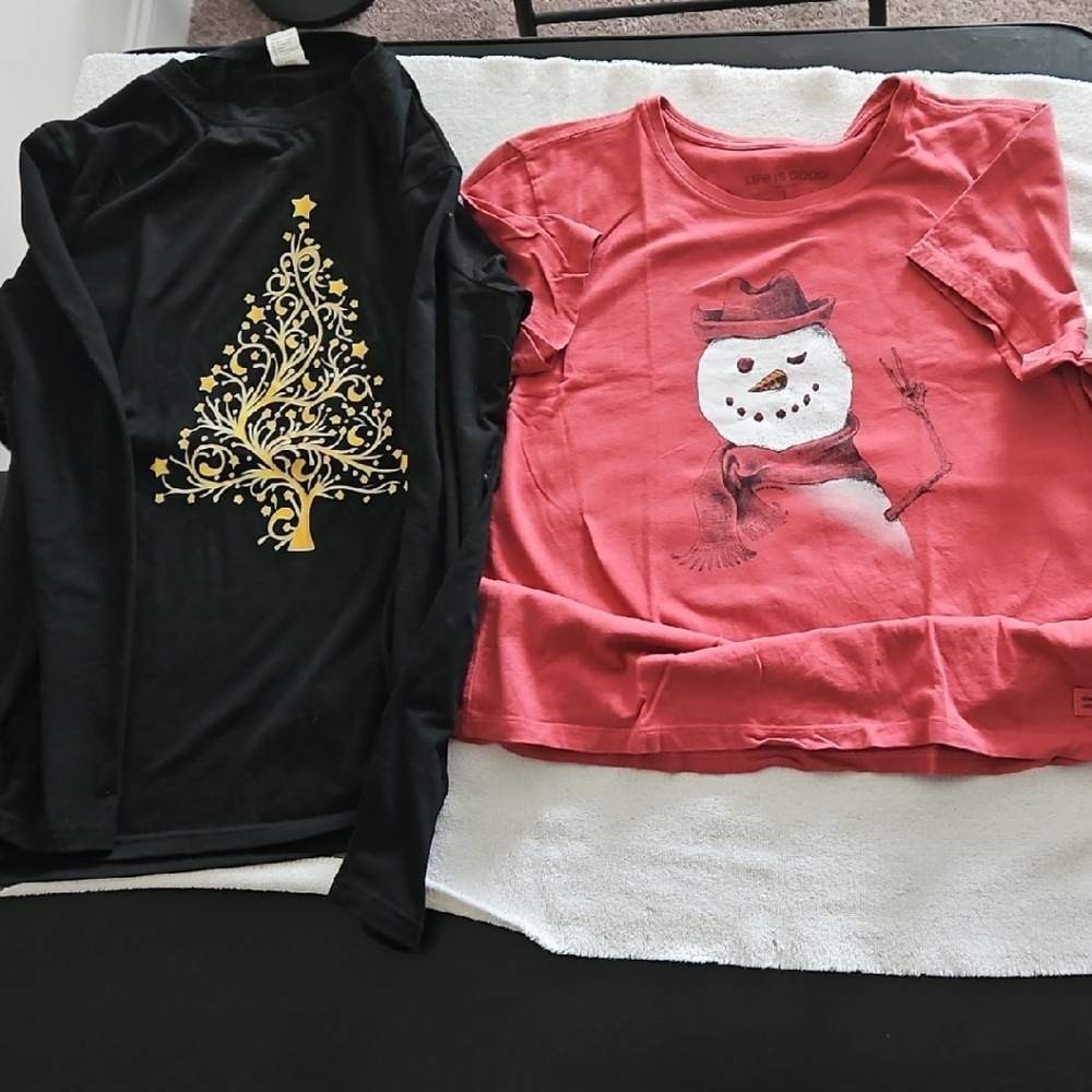 Two Women's Christmas Shirts.  One Is a Life Is Good.